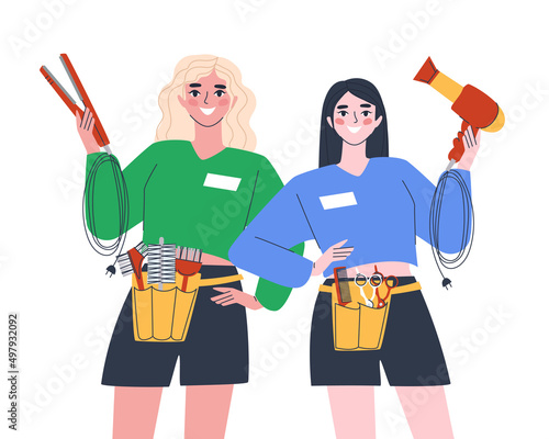 Two girls master stylists hairdressers. Tools for cutting and styling hair. Flat vector illustration. Eps10