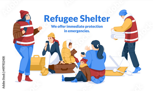 Women and children with luggage in a shelter for refugees. Volunteer help. Management and support. Flat vector illustration