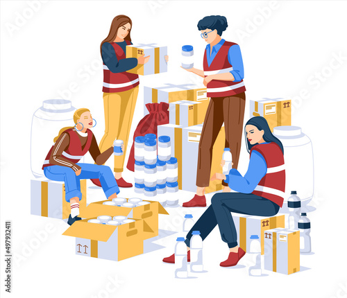 Volunteer warehouse of products and necessities. Four female volunteers sort and distribute the goods. Flat vector illustration