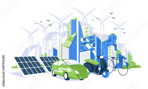 Renewable energy concept. Green city. Cityscape with solar panels, electric car and wind turbines. Flat Vector illustration.