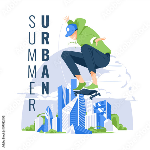 A young skateboarder does a trick and jumps high against the backdrop of an urban landscape. Isolated on a white background. Flat vector illustration