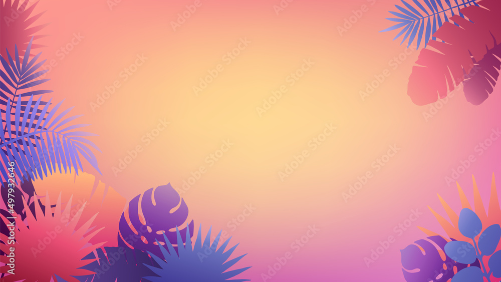 Horizontal banner with tropical leaves of trendy pink, purple and blue colors on gradient background. Coconut, banana, fan palm, monstera leaf. Vector HD mock up for travel design, summer promotion.