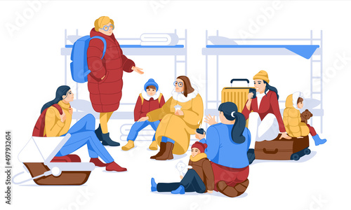 Women and children with luggage in a shelter for refugees. Isolated on white background. Flat vector illustration