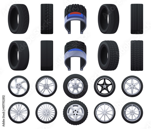Different types of car tires. Tires in terms of their components. Vector illustration on a white background