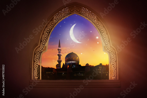 Valokuvatapetti Ramadan Kareem greeting. Night sky, crescent moon.