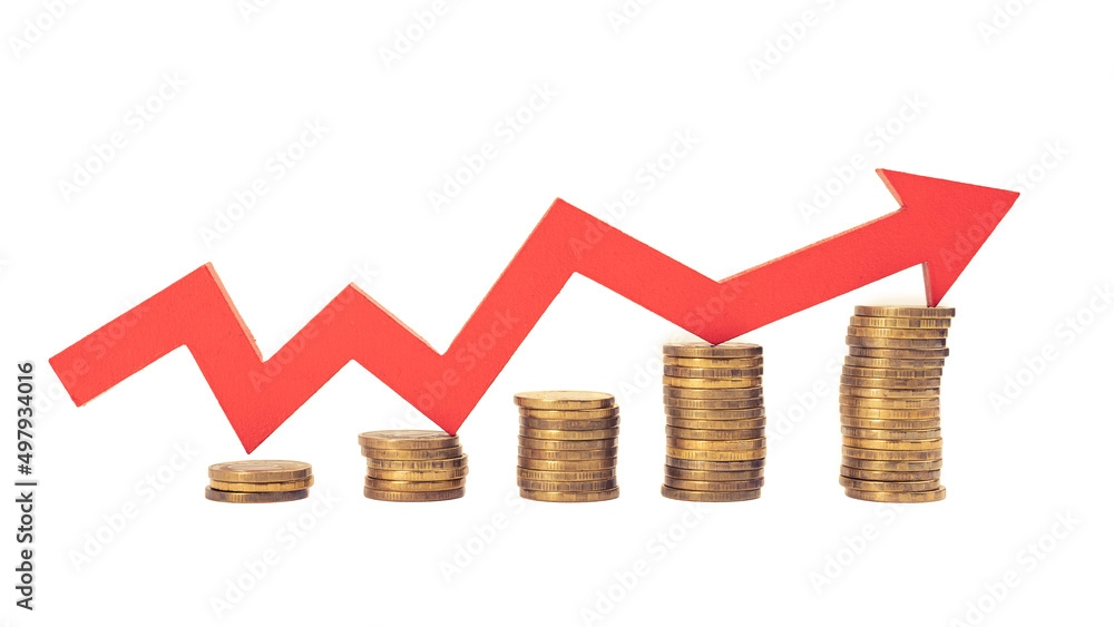Red up arrow and stacks of gold coins isolated on white background. Red up arrow and stacks of gold coins isolated on white background.