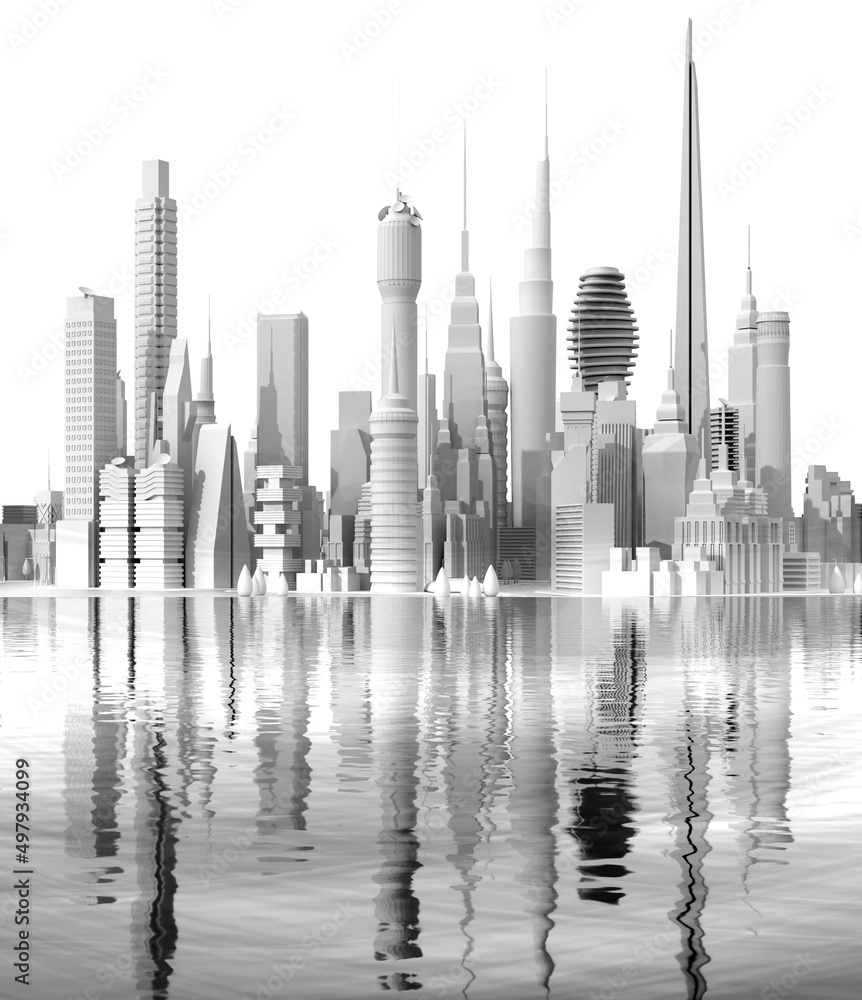 Fototapeta premium Beautiful panoramic view of city 3D model. Modern city with skyscrapers, office buildings and residential blocks. 3D rendering illustration with beautiful reflection in the water