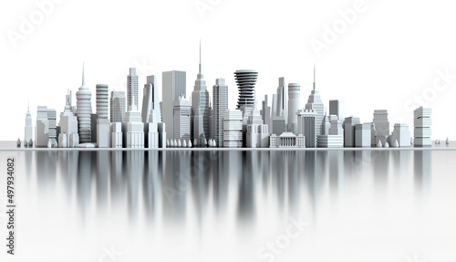 Beautiful panoramic view of city 3D model. Modern city with skyscrapers  office buildings and residential blocks. 3D rendering illustration with beautiful reflection in the water