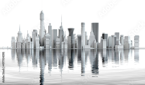 Beautiful panoramic view of city 3D model. Modern city with skyscrapers  office buildings and residential blocks. 3D rendering illustration with beautiful reflection in the water