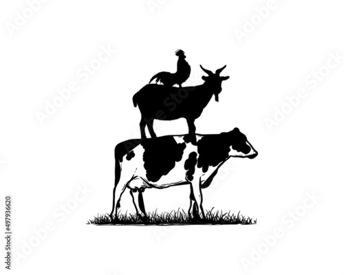 Livestock Stack Cow, Goat and Rooster Farm Symbol Nature Vintage Logo Vector