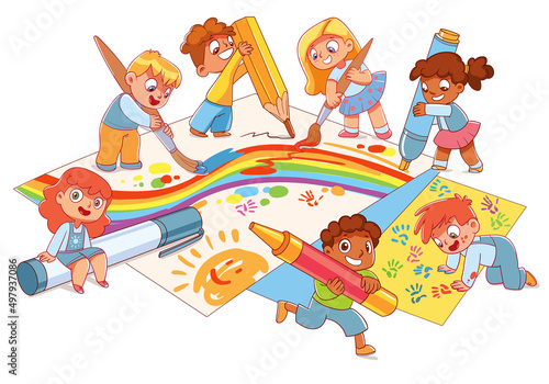 Group of small children draw big picture together using large art supplies. Colorful cartoon characters. Funny vector illustration. Isolated on white background