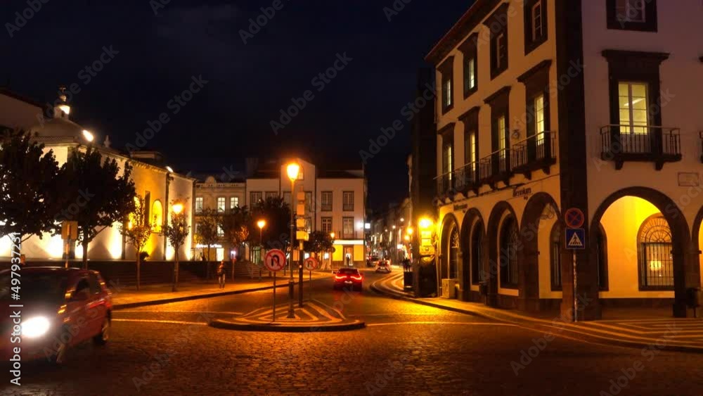 The town centre of Ponta Delgada with San Sebastian church. Night The town centre of Ponta Delgada with San Sebastian church. Night