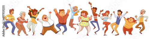Dancing people. Colorful cartoon characters. Funny vector illustration. Isolated on white background. Seamless panorama. Set