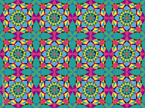 Fondo de mándala floral rosa, verde, azul y amarillo.