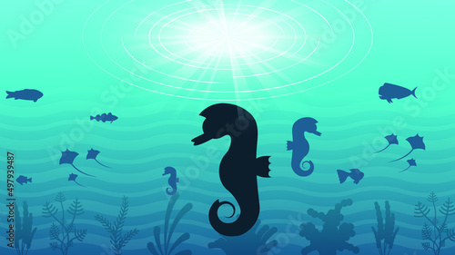 Abstract Blue Underwater Ocean Sea Nature Background Vector With Sea ​​Horse Fishes And Shadows Seaweed Vector Design Style