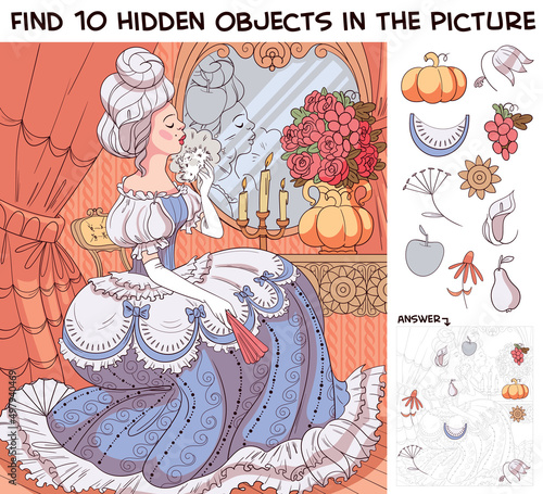 Baroque girl sitting at a dressing table in front of a mirror. Find 10 hidden objects in the picture. Puzzle Hidden Items. Funny cartoon character. Vector illustration. Set