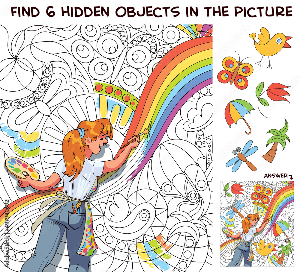 Girl draws a picture on the wall. Rainbow on wall. Find 6 hidden objects in the picture. Puzzle Hidden Items. Funny cartoon character. Vector illustration. Set
