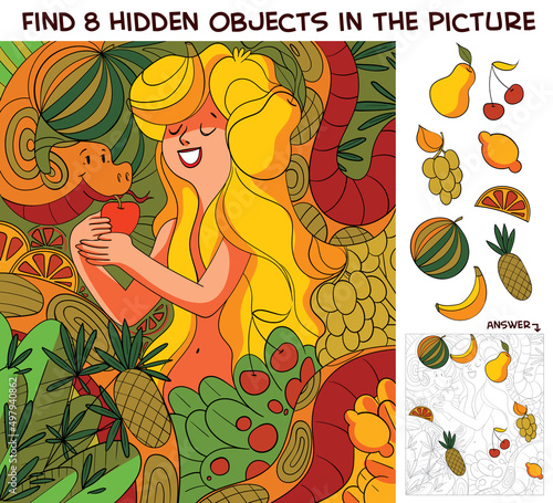 Eve, apple and snake. Find 8 hidden objects in the picture. Puzzle Hidden Items. Funny cartoon character. Vector illustration. Set