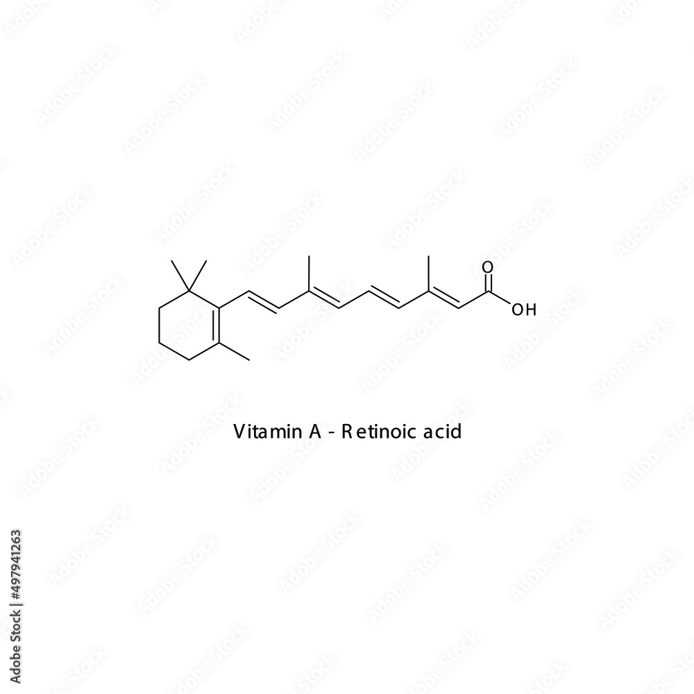 Retinoic Acid Skeletal structure and molecular formula. Organic biomolecule, isolated vector illustration