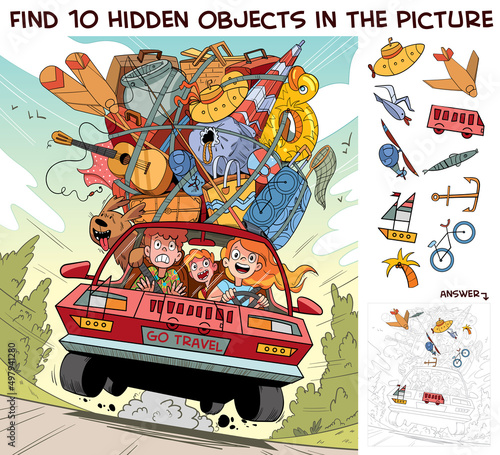 Travel by car on family vacation. Find 10 hidden objects in the picture. Puzzle Hidden Items. Funny cartoon character. Vector illustration. Set