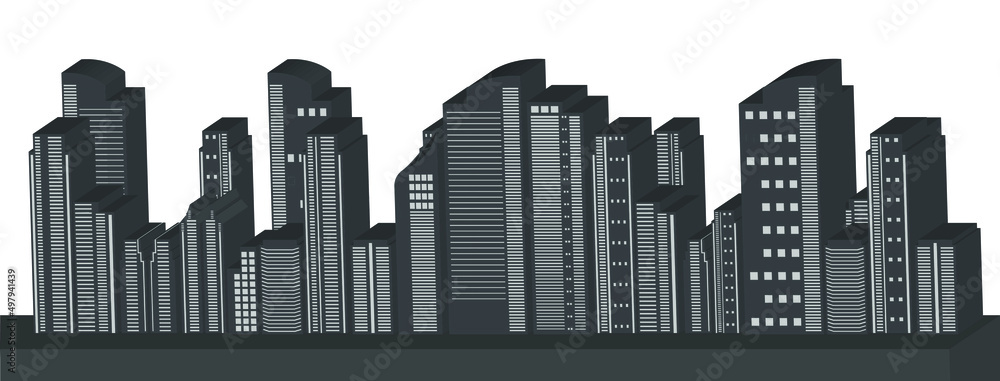 3D Vector illustration of building scenery in a flat layout city in black and white