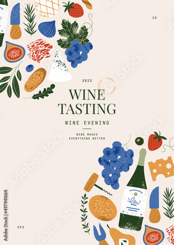 Wine tasting minimalist poster. Charcuterie board design template. Assortment of appetizers. Food banner. Antipasti. Vector illustration