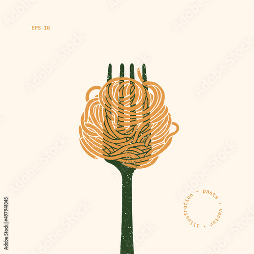 Spaghetti pasta on a fork. Pasta design element. Textured vintage illustration. Vector illustration