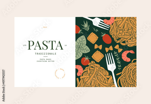 Various kind of pasta design template. Pasta with tomato and basil. Italian food. Vector illustration