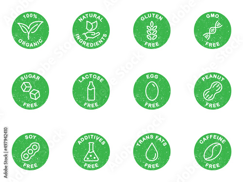 Allergen free icons set. Common allergens. Dietary allergens icons. Grunge texture green color. Vector illustration.