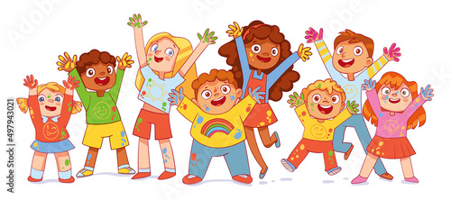 Kids hands up in colorful paint. Group of multi ethnic friends. Panoramic banner. Colorful cartoon characters. Funny vector illustration. Isolated on white background