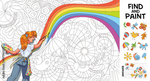 Find and paint. Children puzzle. Kids coloring book. Girl draws a picture on the wall. Find 12 hidden objects in the picture. Puzzle Hidden Items. Funny cartoon character. Vector illustration. Set