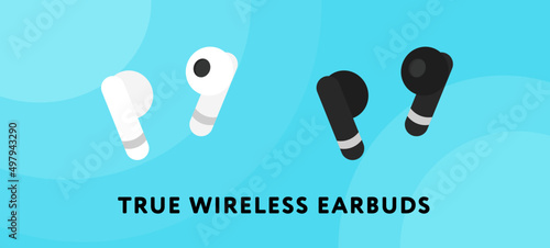 TWS true wireless earbuds vector template. Black and white cordless headphones concept illustration.