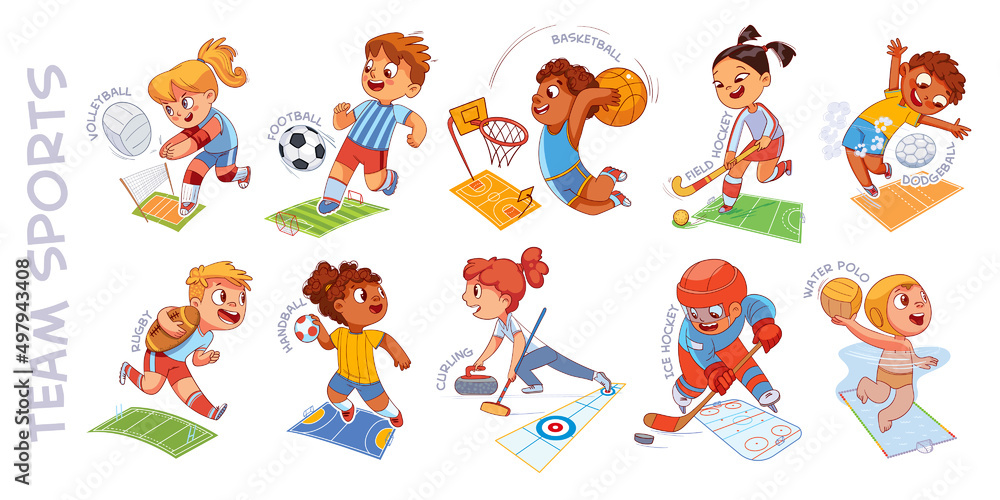 Team sport. Volleyball, football, basketball, hockey, dodgeball, rugby, handball, curling, water polo. Colorful cartoon characters. Funny vector illustration. Isolated on white background. Set