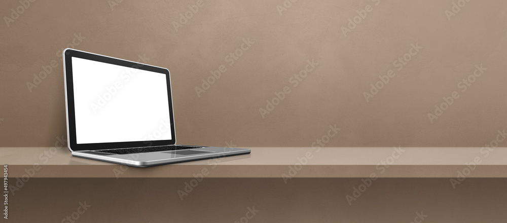 Laptop computer on brown shelf background banner Laptop computer on brown shelf background banner