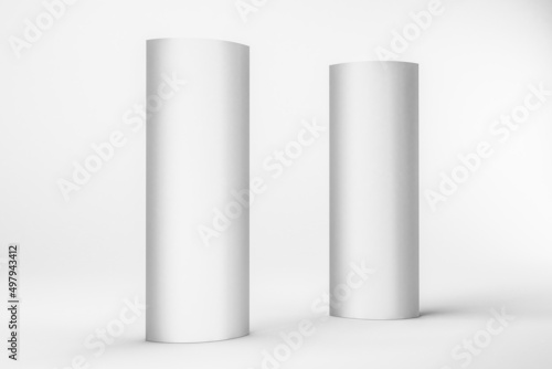 Mockup of a curved Totem display. Advertising display panel isolated on white background..View of a 3D three-dimensional illustration model of a poster display stand with light. photo