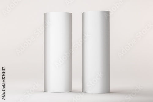 Mockup of a curved Totem display. Advertising display panel isolated on white background..View of a 3D three-dimensional illustration model of a poster display stand with light.