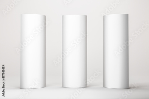 Mockup of a curved Totem display. Advertising display panel isolated on white background..View of a 3D three-dimensional illustration model of a poster display stand with light.