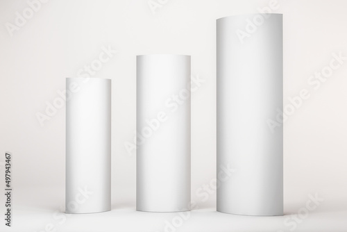 Mockup of a curved Totem display. Advertising display panel isolated on white background..View of a 3D three-dimensional illustration model of a poster display stand with light.