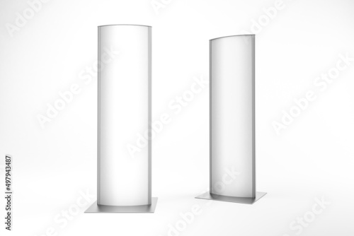 Mockup of a curved Totem display. Advertising display panel isolated on white background..View of a 3D three-dimensional illustration model of a poster display stand with light.