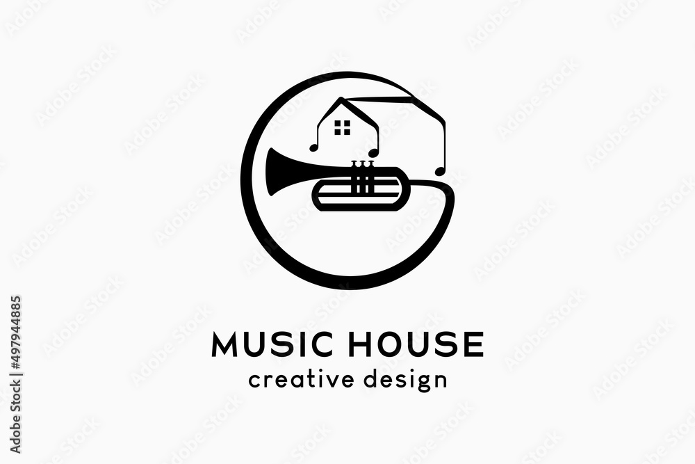 Music house logo design letter g, trumpet silhouette combined with house icon in a circle Music house logo design letter g, trumpet silhouette combined with house icon in a circle