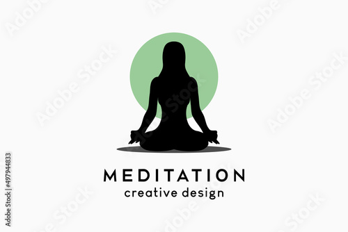 Meditation logo design, silhouette of woman meditating on dot background