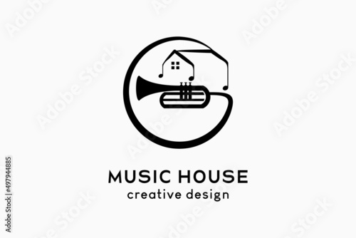 Music house logo design letter g, trumpet silhouette combined with house icon in a circle