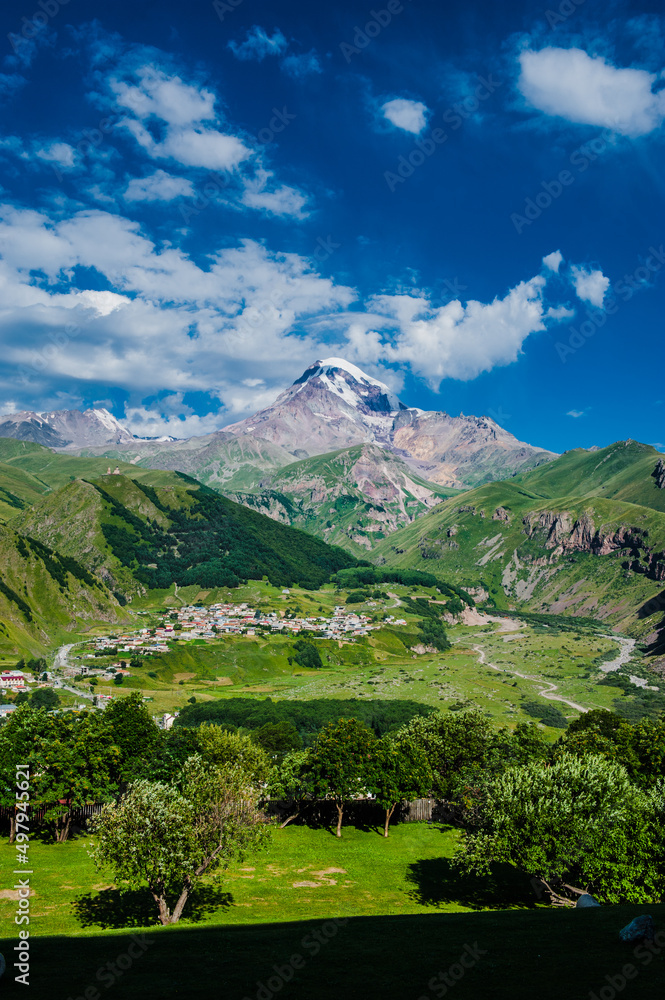 Mount Kazbek view from Stepantsminda town in Georgia in good weather