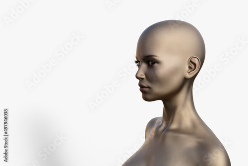 3D render portrait of a bald caucasian woman on a white background. 