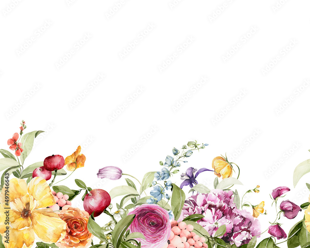 Watercolor floral seamless border. Hand painted green leaves, spring ...