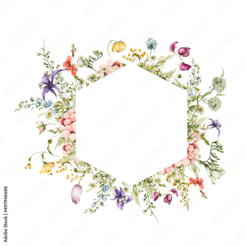 Obraz premium Watercolor floral wreath. Hand painted frame of green leaves, spring wild flowers, field summer bloom, herbs. Border isolated on white background. Iillustration for card design, print, background