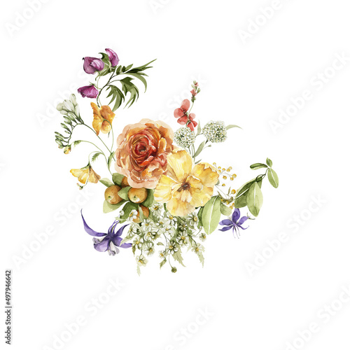 Watercolor floral bouquet. Hand painted set of green leaves  spring wild flowers  field summer bloom  herbs isolated on white background. Iillustration for card design  print  background