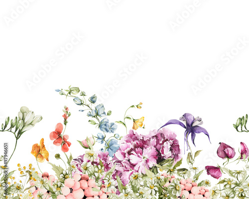 Watercolor floral seamless border. Hand painted green leaves, spring wild flowers, field summer bloom, herbs isolated on white background. Iillustration for card design, print, background