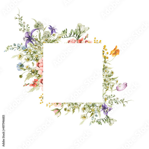 Watercolor floral wreath. Hand painted frame of green leaves  spring wild flowers  field summer bloom  herbs. Border isolated on white background. Iillustration for card design  print  background