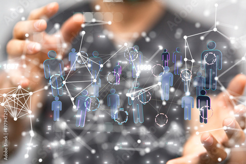holding 3D rendering group of blue people